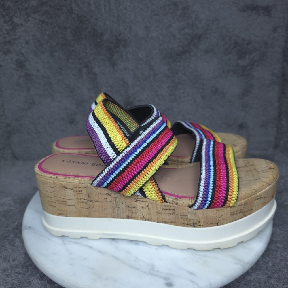 Gianni Bini Sandals Womens Size 7 Multicolor Stripe Cork Wedge Slide Shoes